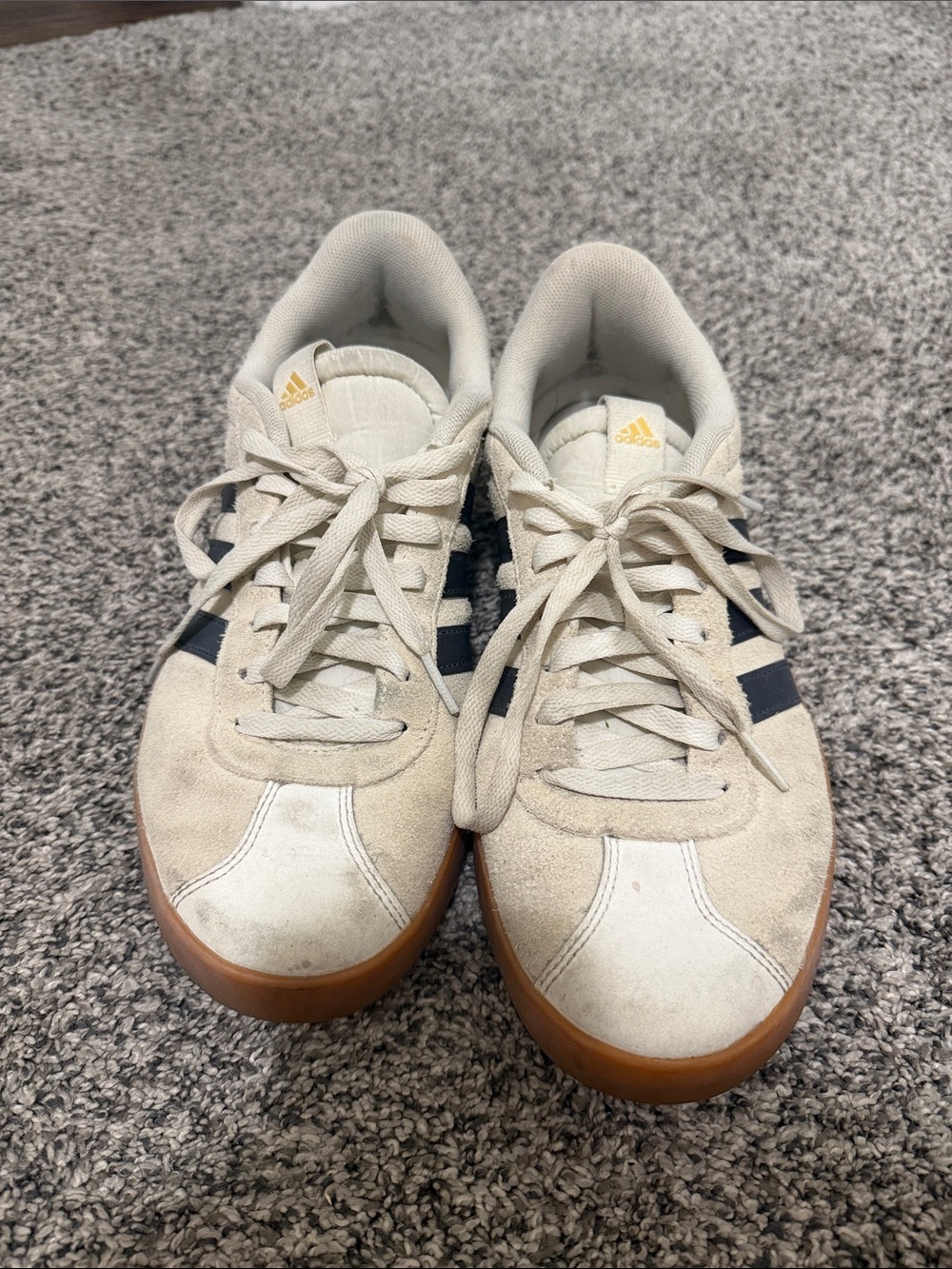 Adidas Women’s Off-White Suede Sneakers with Black Stripes and Gum Sole